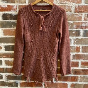 Prana SHELBY  Wool Blend Tie Neck Fringed Cable Knit Poncho Sweater